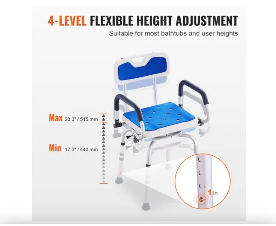 Swivel Shower Chair with Arms and Back, Hybodies Rotatable Shower Chair with Adjustable Height, Non-Slip Bath Tub Transfer Stool, Safe Adjustable Handicap Stool for Inside Bathtub Bathroom