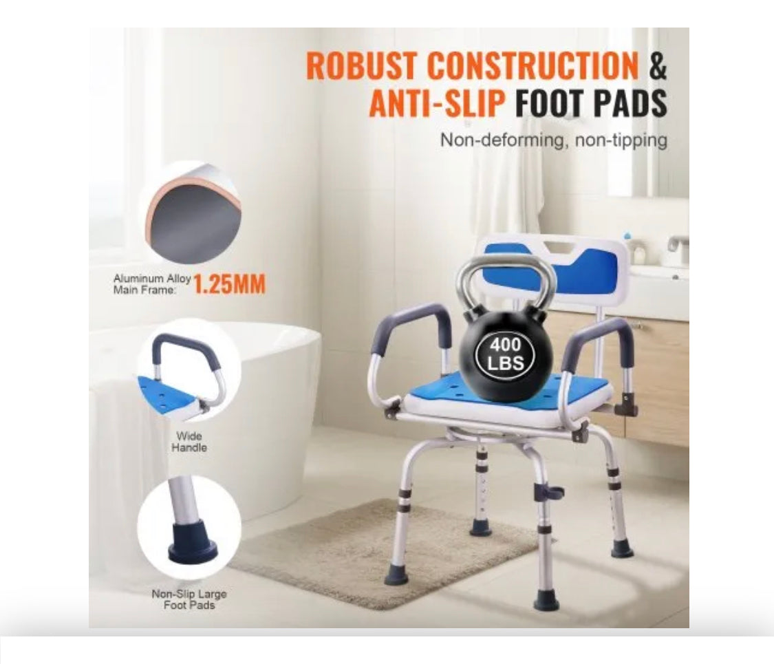 Swivel Shower Chair with Arms and Back, Hybodies Rotatable Shower Chair with Adjustable Height, Non-Slip Bath Tub Transfer Stool, Safe Adjustable Handicap Stool for Inside Bathtub Bathroom