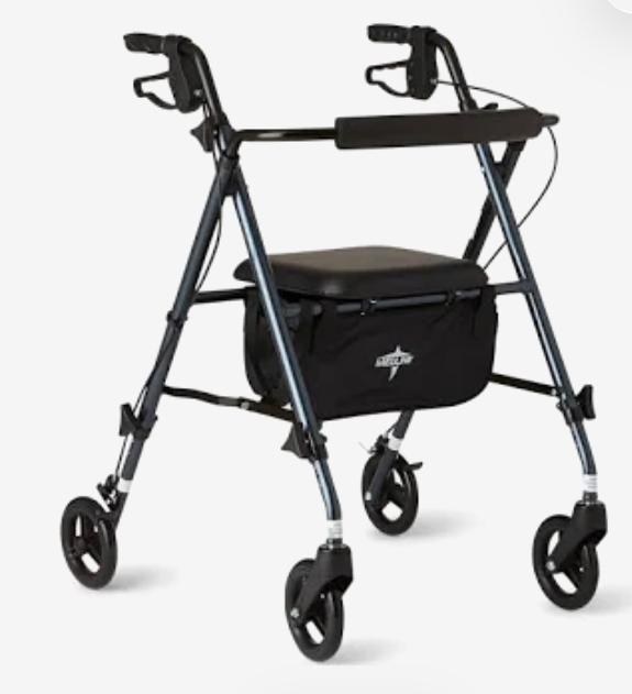 Déambulateur Medline à 4 roues — bleu nuit, siège et dossier — neuf